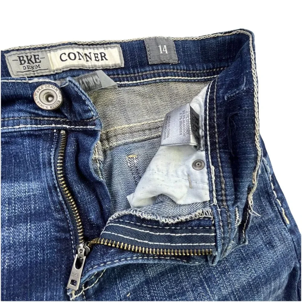 BKE Conner Bootcut Jeans Youth Size 14 Blue Denim Embroidered Whiskering
